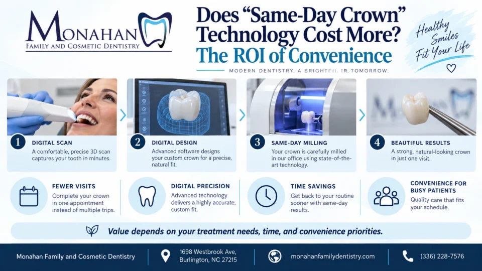 Do same-day CEREC crowns cost more than traditional crowns? Compare upfront pricing, time savings, and overall ROI to see if single-visit care pays off.